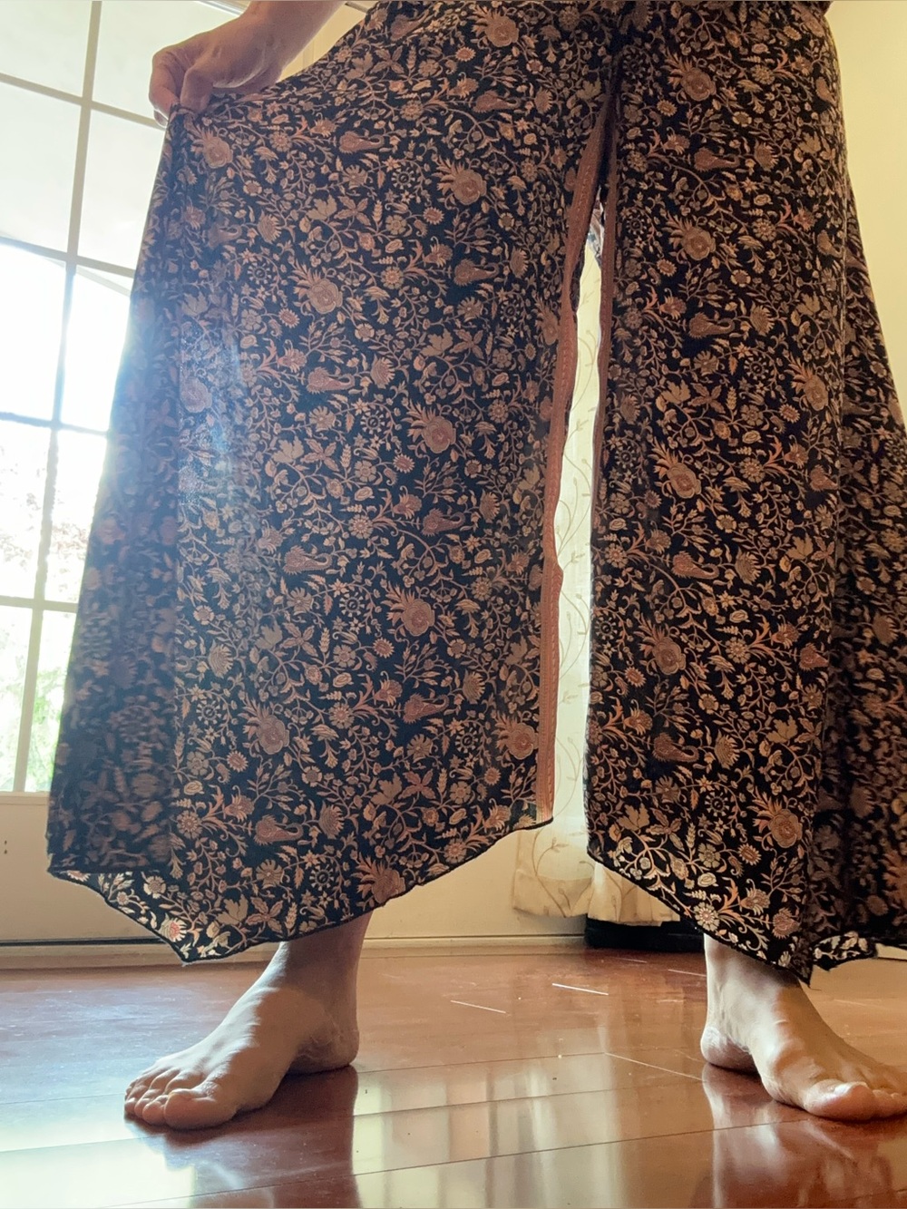 Boho Wide-Leg Floral Silk Pants in Black and Tan